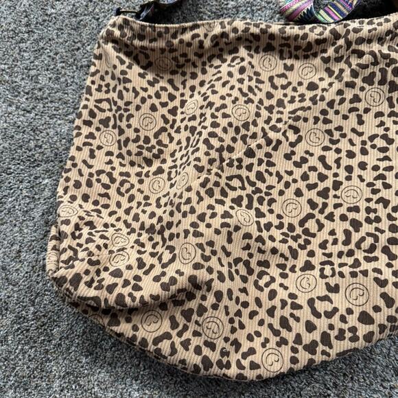 Leopard Print Ribbed Boho Purse Bag w/ Multicolor Straps & Smiley Faces - Picture 3 of 13